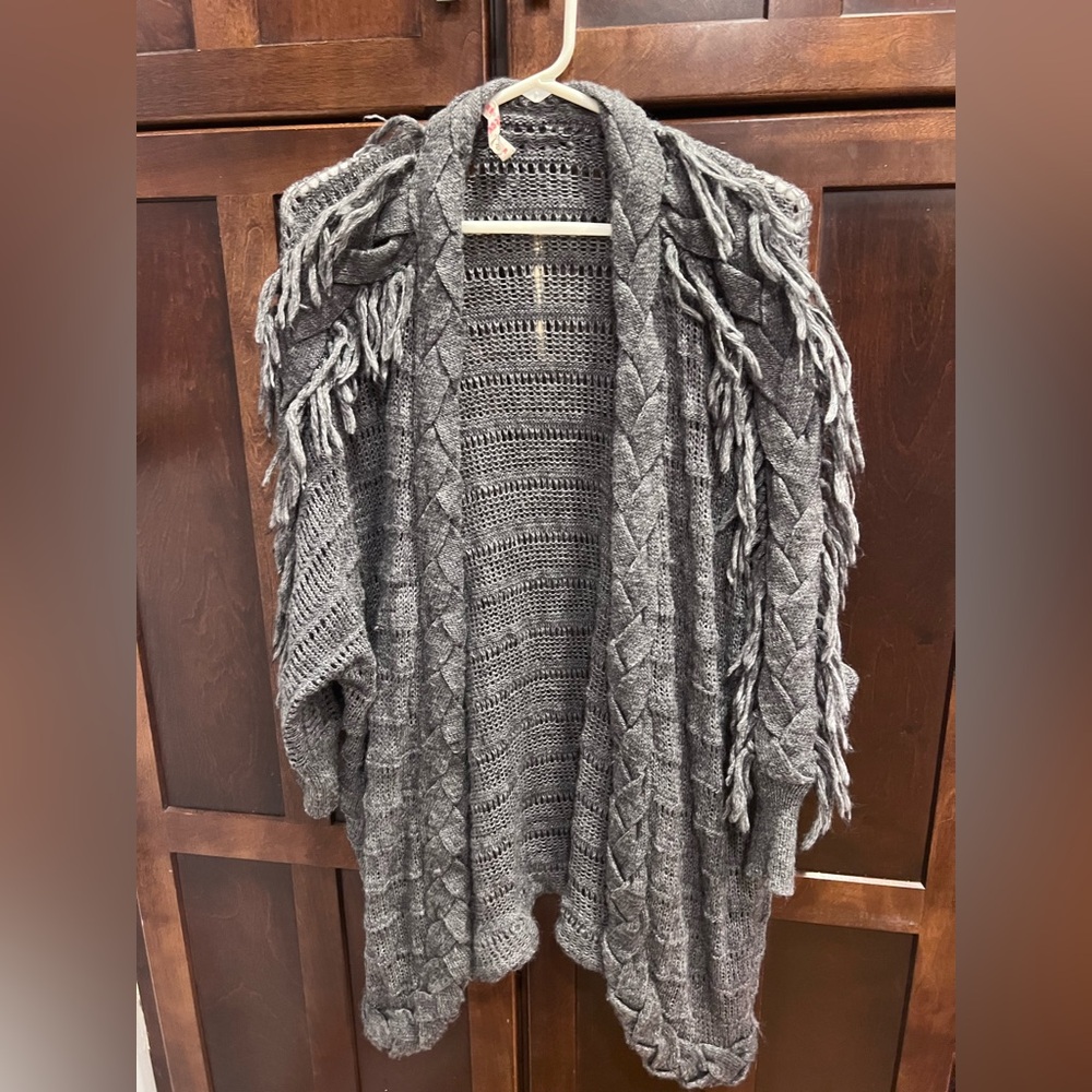 Rebecca Taylor Charcoal Knit Fringe Poncho